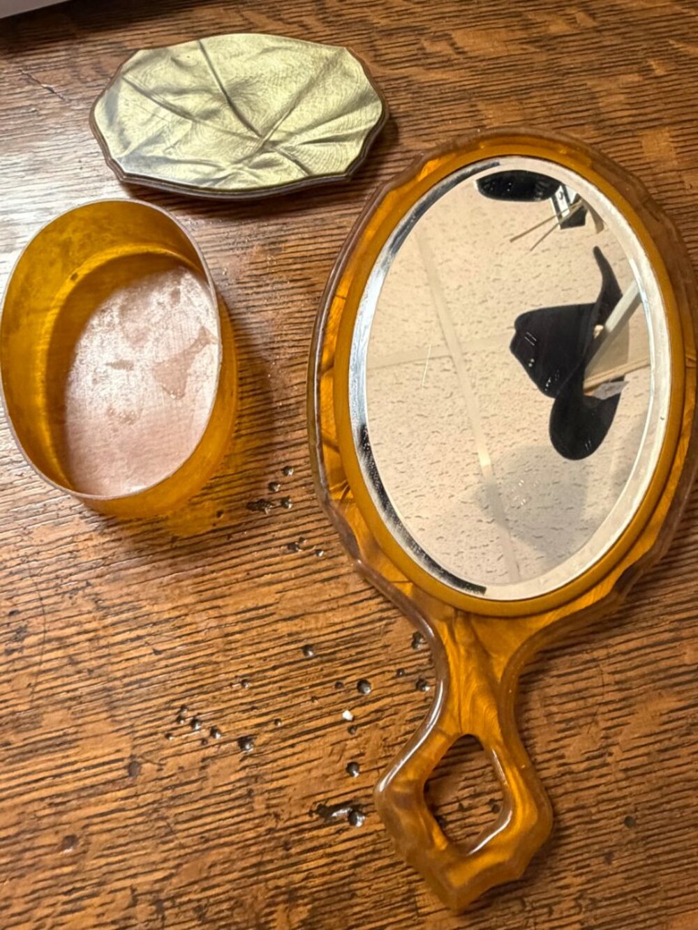 Vintage Pearlescent Gold Amber Vanity Mirror & Powder Box Set